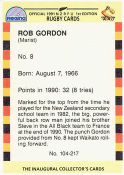 1991 Regina NZRFU 1st Edition #104 Rob Gordon Back